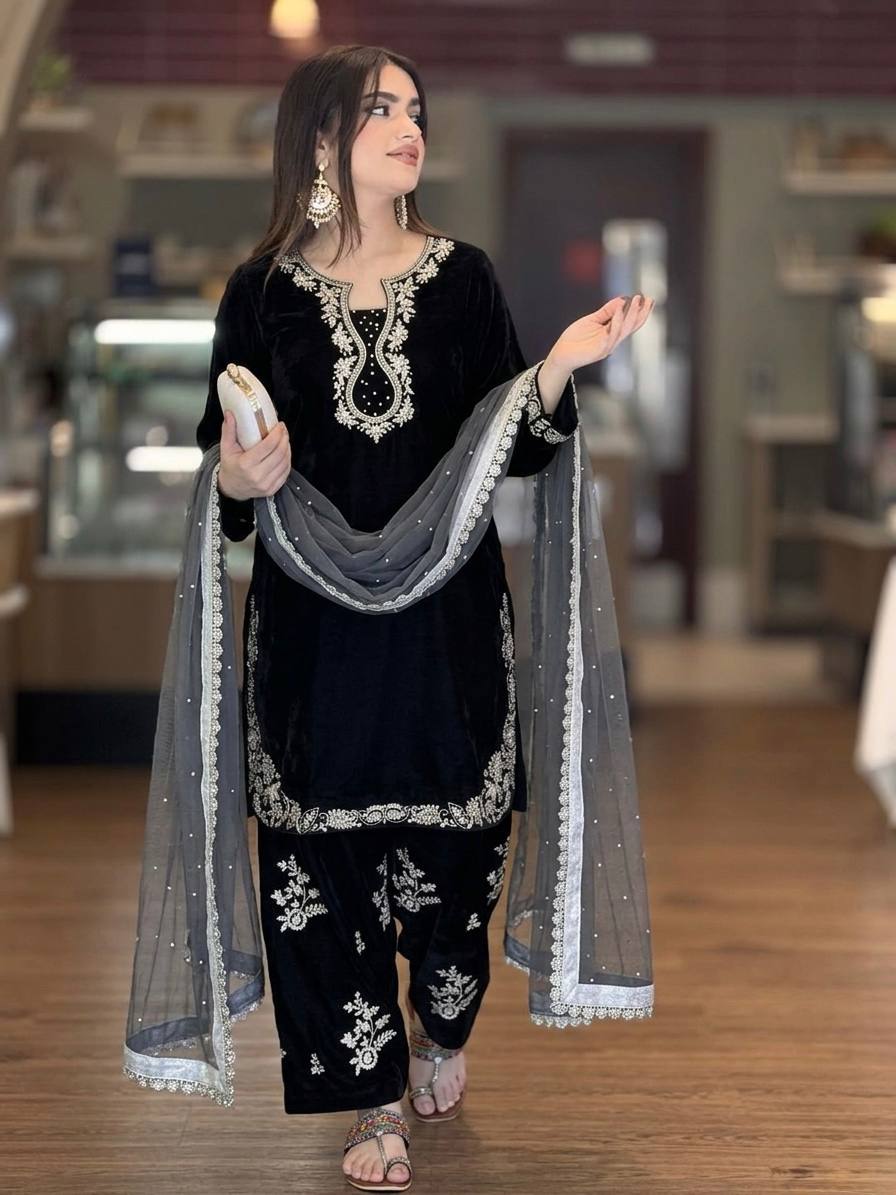 Party Wear Glass Satin Top, Farshi Palazzo & Dupatta Set