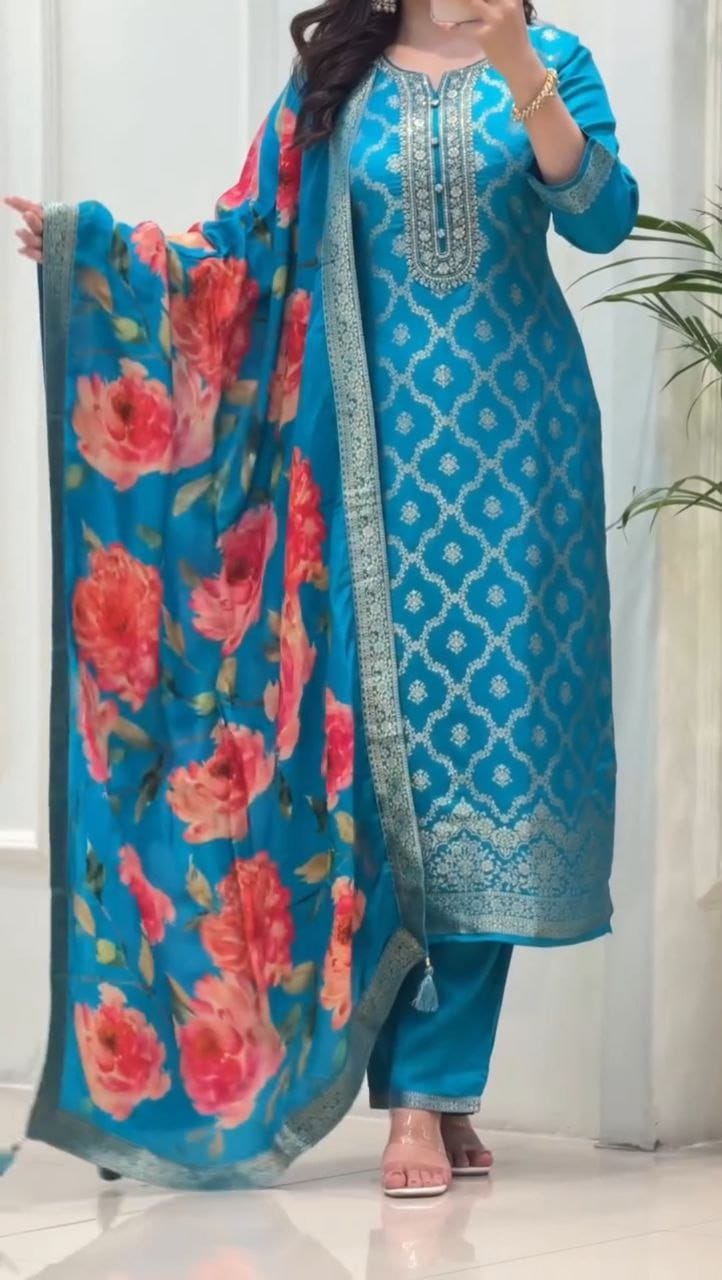 Premium Banarasi Silk Festive Suit, Pant, Dupatta & Pearl Bracelet Set