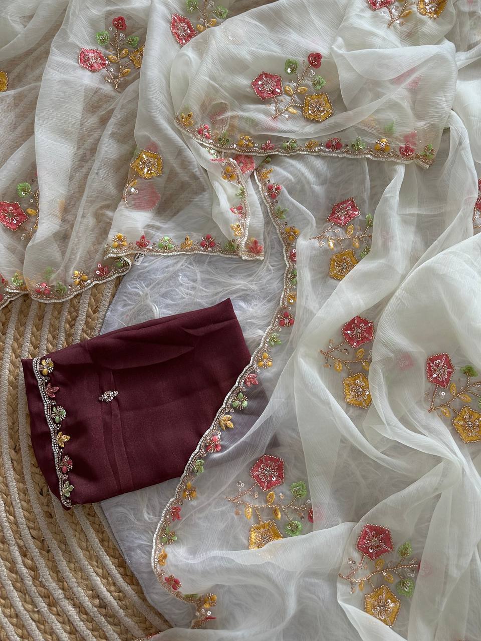 Premium Pure Soft Wari Chiffon Silk Saree with Heavy Cutdana & Sequence Embroidery and Aarco Multi-Borders