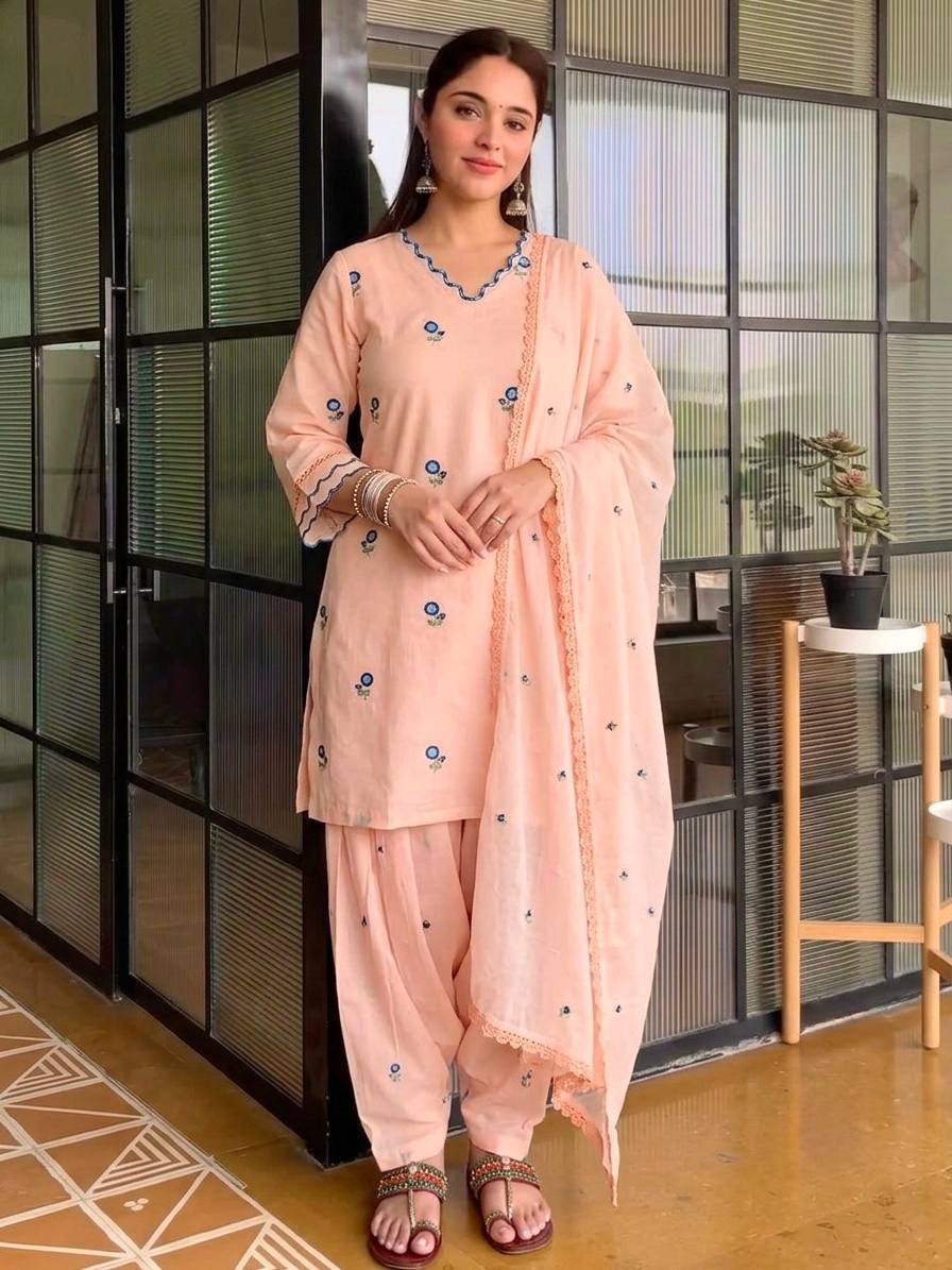 Pure Satin Mul Chanderi Embroidered Top with Roman Silk Farshi Palazzo & Dupatta Set