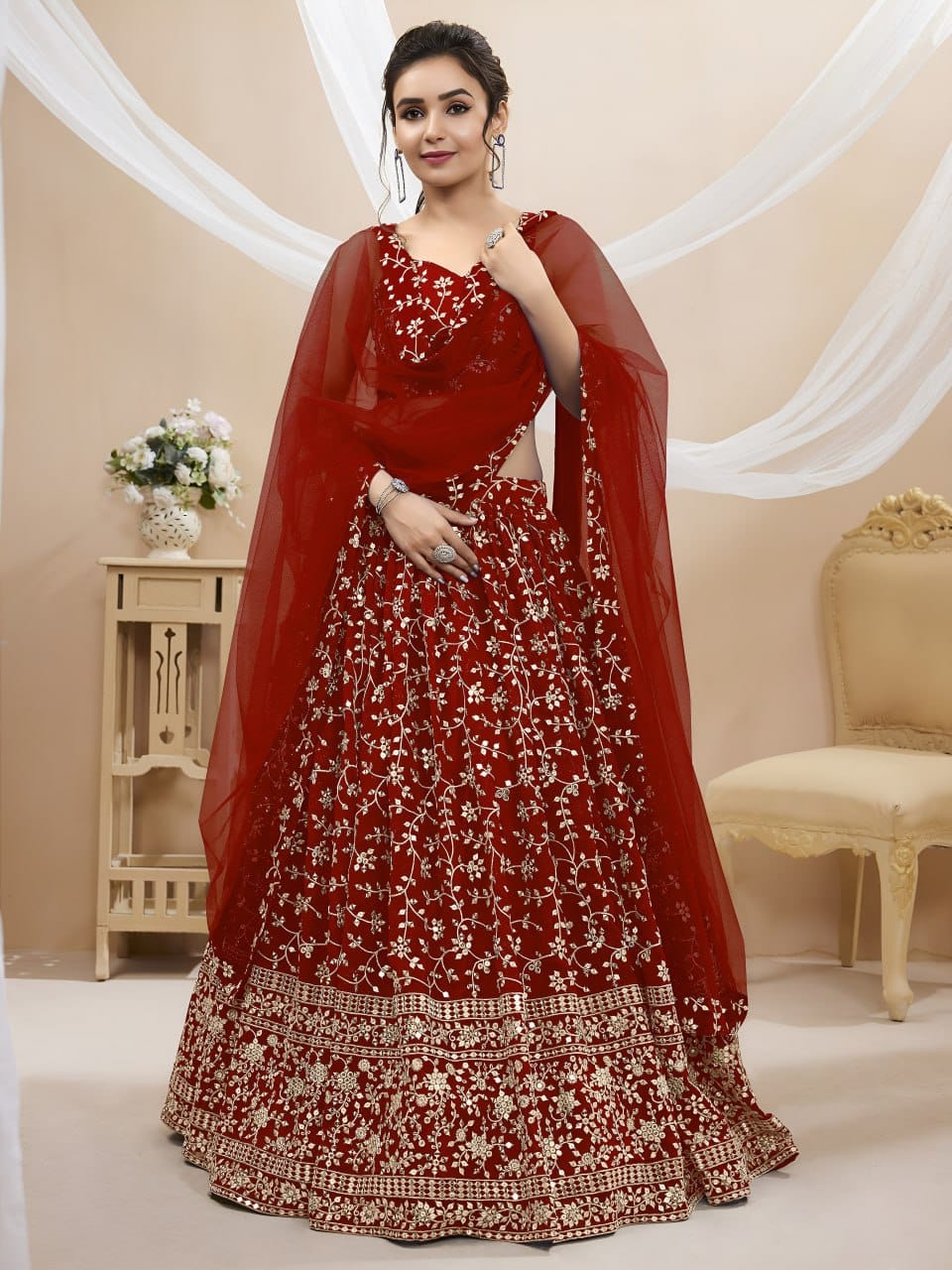 Premium Olive Enchantment Floral Georgette Lehenga Choli with Can-Can Layering & Net Dupatta