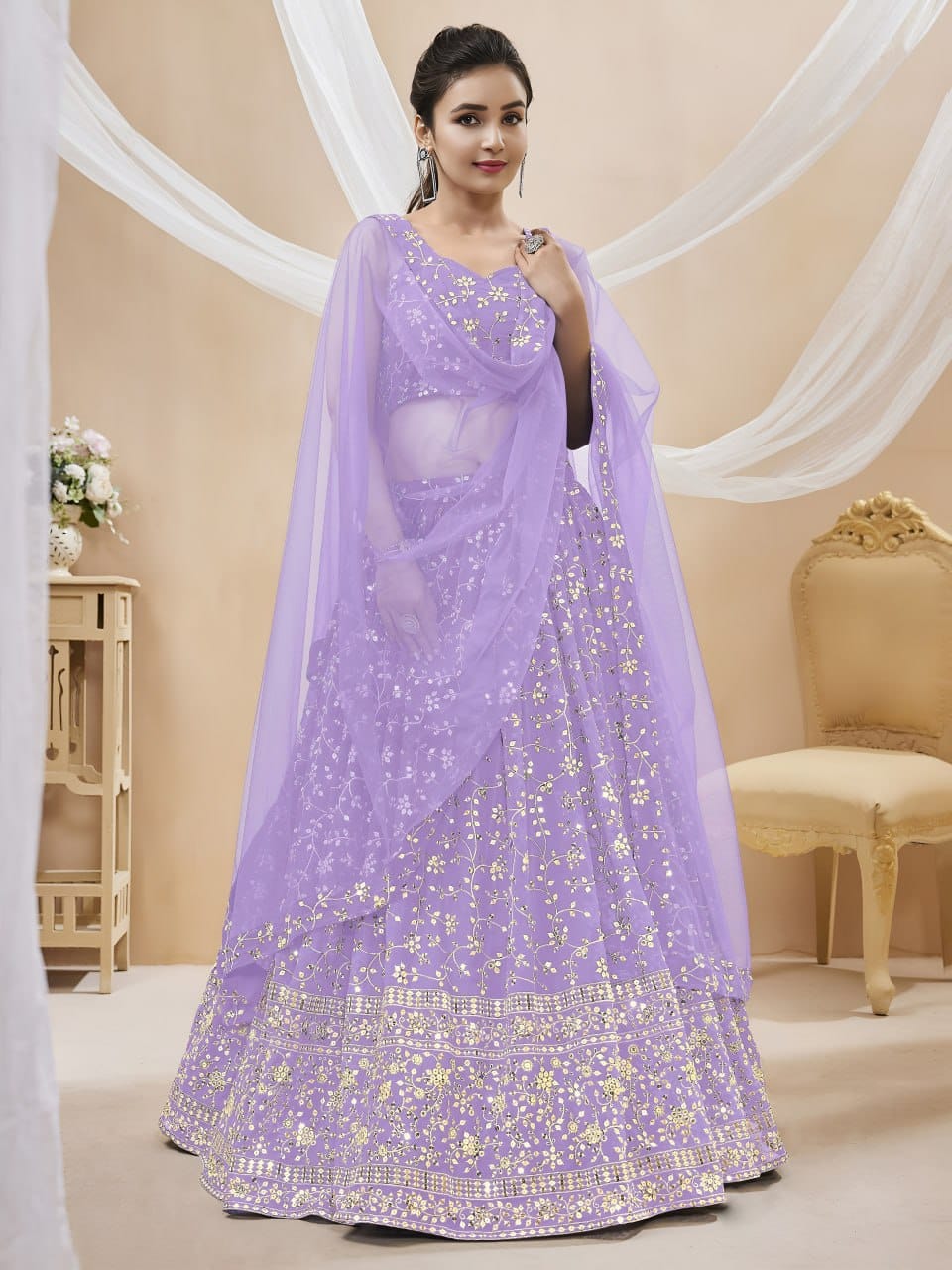 Premium Olive Enchantment Floral Georgette Lehenga Choli with Can-Can Layering & Net Dupatta