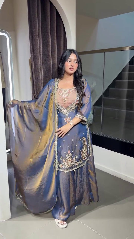 Blue Heavy Thread & Paisley Embroidery Sharara Suit Set