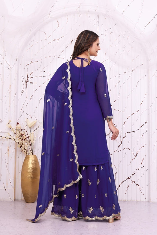 Premium Royal Blue Sharara Suit with Floral Embroidery & Cutwork Dupatta