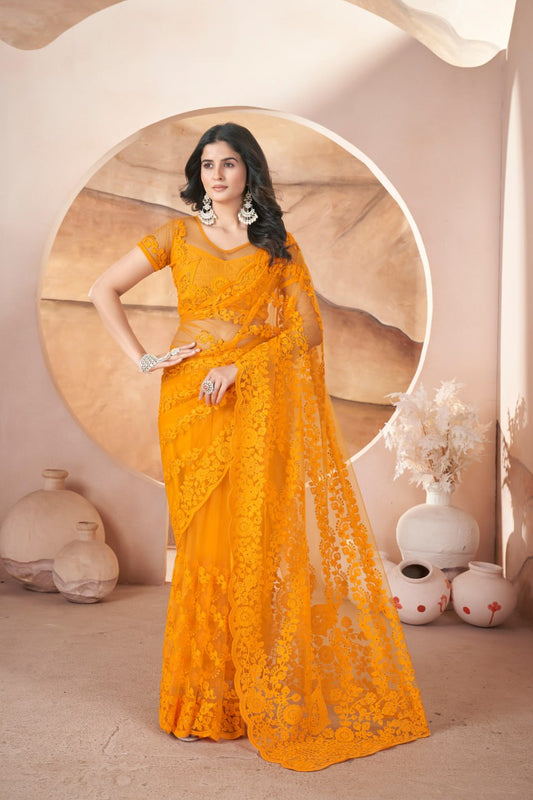Designer Party Wear Floral Net Saree with Scalloped Border & Sequins Work