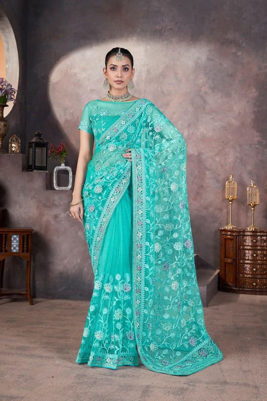 Designer Party Wear Floral Net Saree with Ornate Border & Sequins Work
