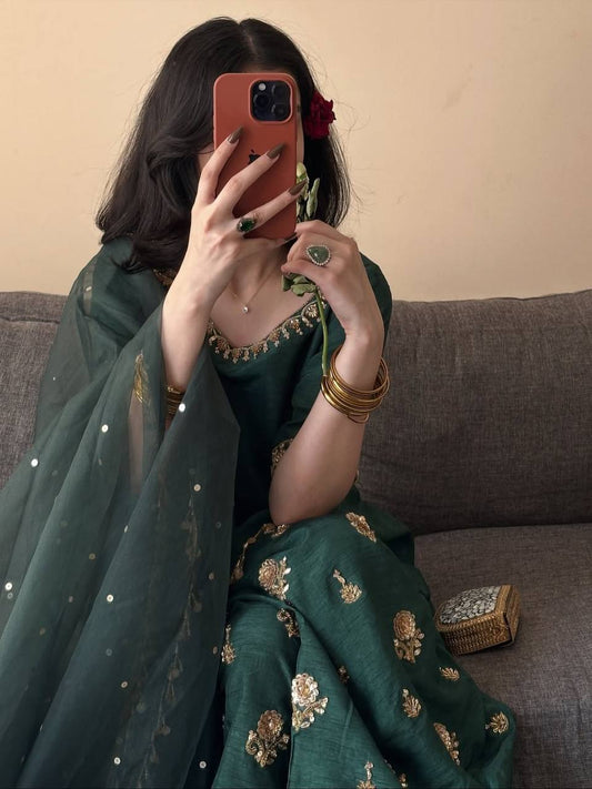 Bottle Green Heavy Embroidered Short Kurti and Sharara Set with Coin Tassels & Dupatta