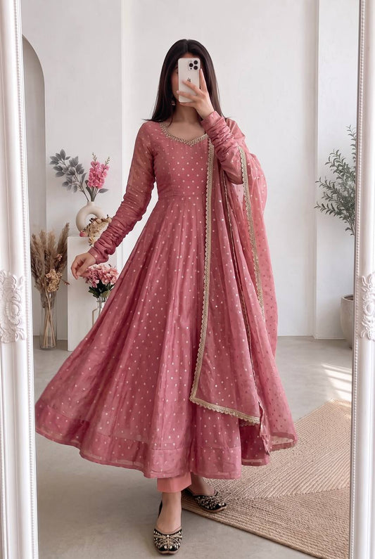 Designer Georgette Foil Print Long Flared Anarkali Kurta with Pant and Dupatta Set