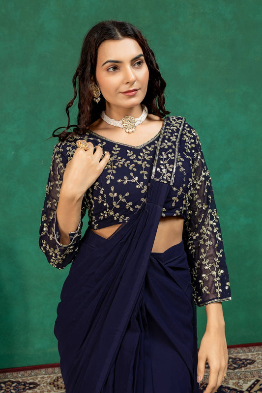 Designer Fancy Party Wear Georgette Saree with Heavy Embroidered Work Blouse Piece