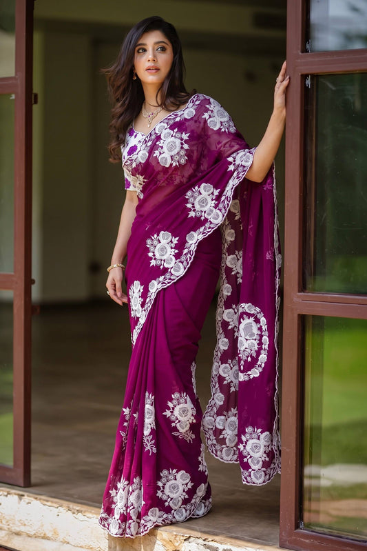 Designer Fancy Georgette Saree with Heavy White Floral Thread Embroidery Work and Blouse Piece