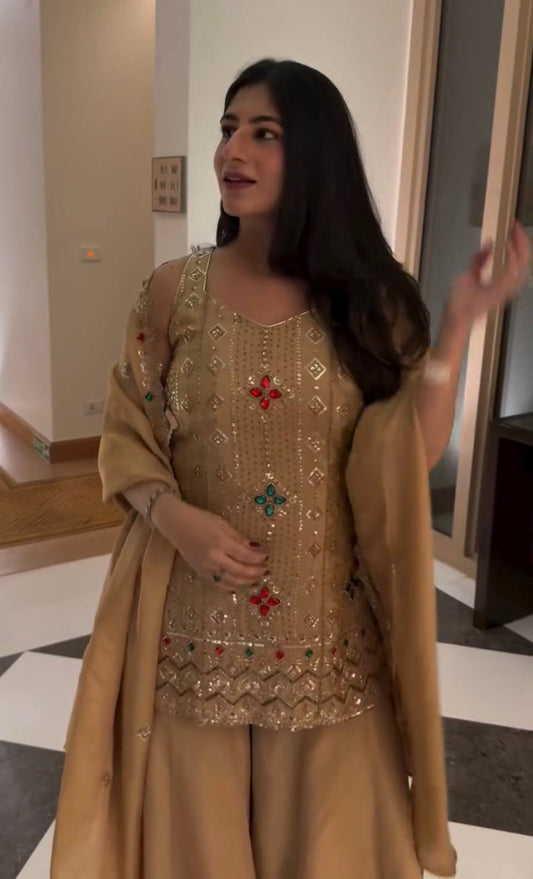 Designer Short Kurti with Flared Sharara and Dupatta Set Featuring Heavy Mirror & Stone Embroidery Work