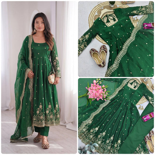 Designer Heavy Embroidered Chanderi Silk Long Flared Anarkali Gown with Pant and Dupatta Set