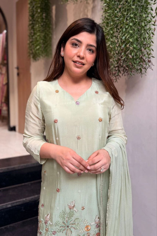 Designer Short Kurti with Sharara Pants and Dupatta Set Featuring Hand Embroidery & Scenic Motifs