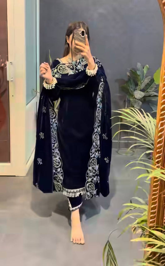 New Party Wear Viscose Velvet Designer  Look Top-Dupatta and Fully Stiched Bottom With Heavy Embroidery Siquance Work