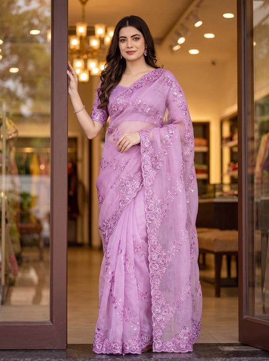 Designer Heavy Embroidered & Sequins Work Georgette Saree with Unstitched Blouse