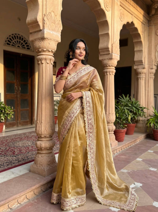 Designer Heavy Embroidered Zari Border Organza Saree with Contrasting UnStitched Blouse