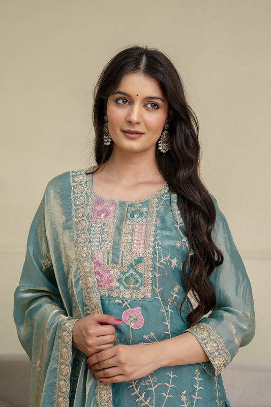 Designer Party Wear Look Heavy Fendy Silk Top Plazzo & Dupatta Set