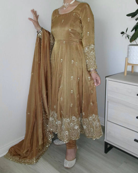 Designer Heavy Zari & Sequins Embroidered Flared Anarkali Gown with Churidar and Matching Dupatta Set