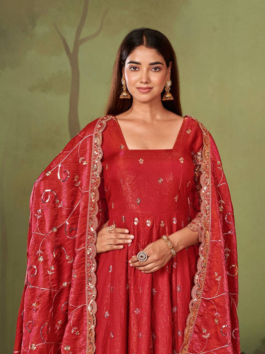 Designer Heavy Embroidered Chanderi Silk Long Flared Anarkali Kurta with Pant and Dupatta Set