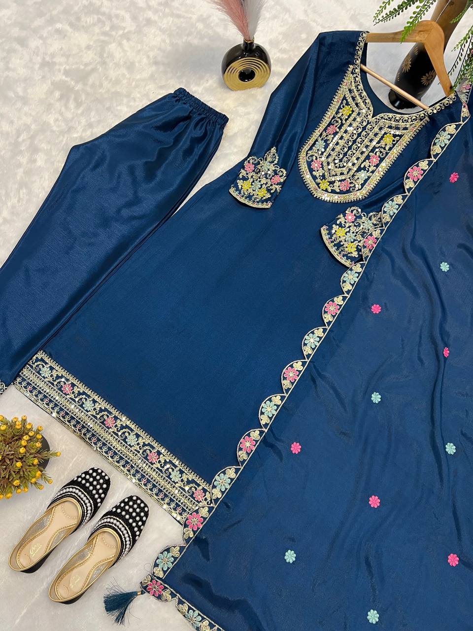 Premium Pure Chinon Silk Long Pakistani Suit & Pant Set with Sequence Embroidery