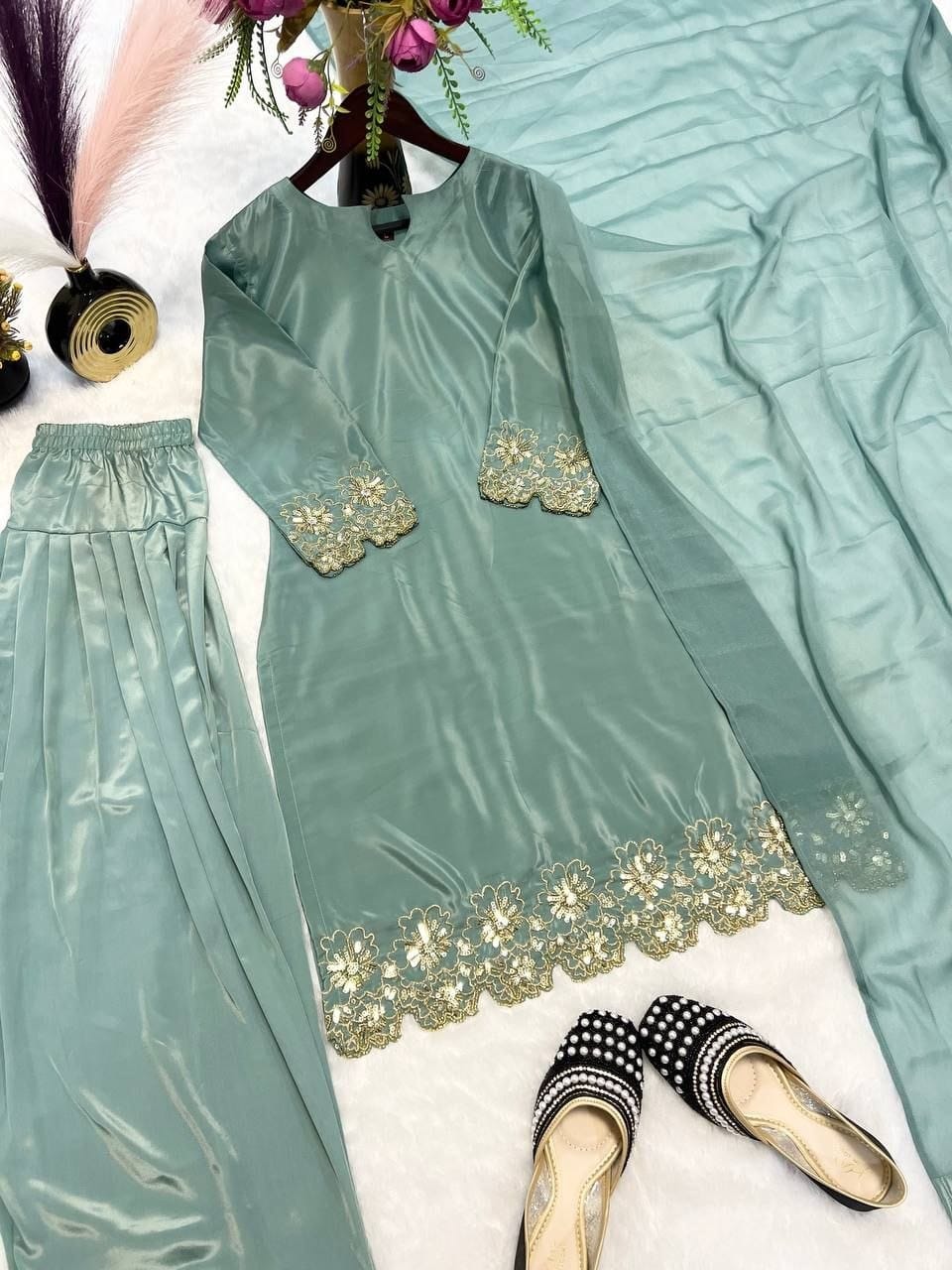 Premium Natural Crepe Silk Farshi Salwar Set with Beads Handwork & Zari