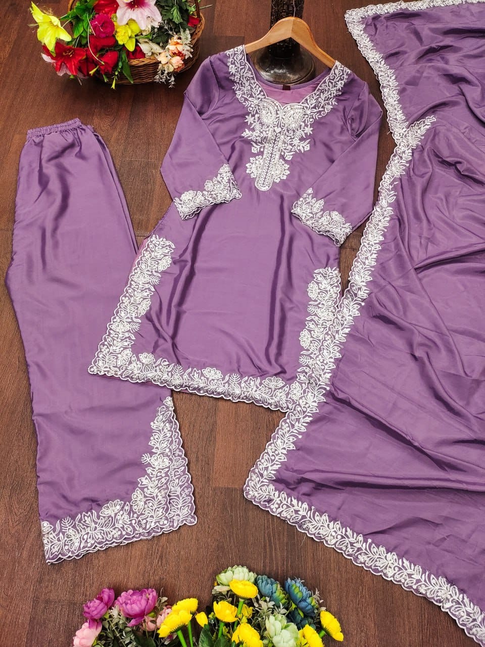 Premium Natural Crepe Sequence Embroidered Palazzo Suit Set | 3 Elegant Colors