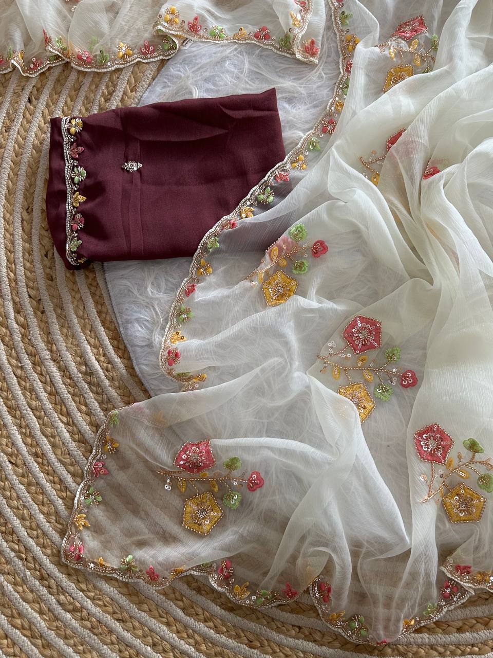 Premium Pure Soft Wari Chiffon Silk Saree with Heavy Cutdana & Sequence Embroidery and Aarco Multi-Borders
