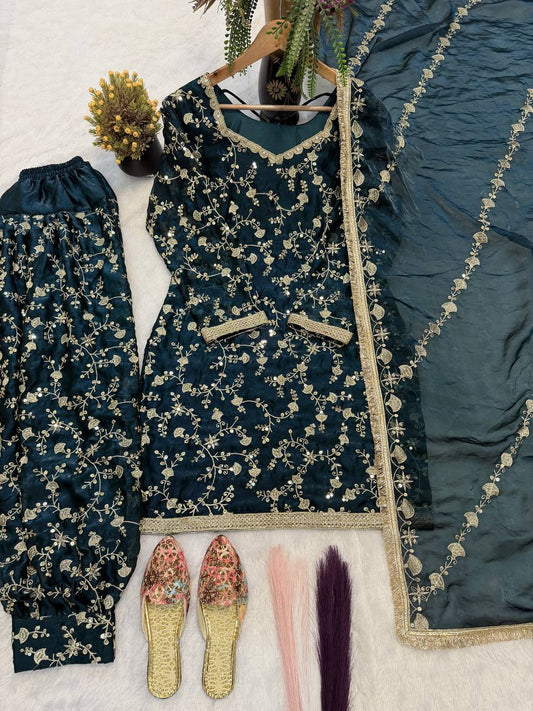 Dark Teal Green Heavy Thread & Sequin Punjabi Suit Set