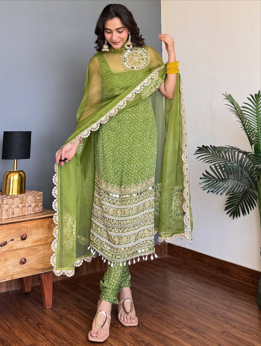 Traditional Bandhani Style Kurta and Matching Bottom with Sheer Dupatta