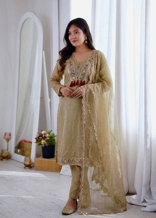 Designer Party Wear Olive-Gold Kurta Set with Cold Shoulder & Scallop Dupatta