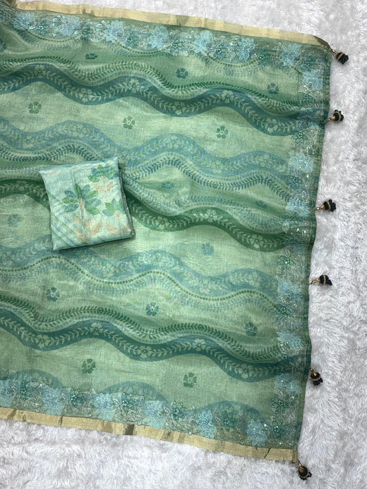 Premium Floral Embroidered Tissue Saree with Sequence Work