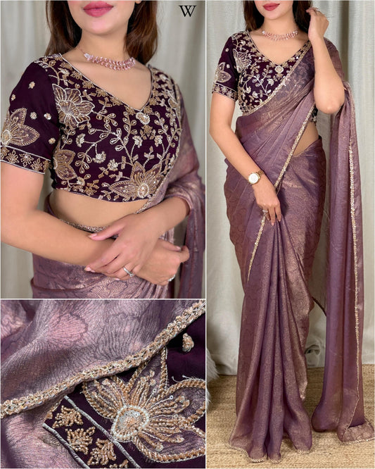 Premium Tissue Organza Saree with Heavy Zari & Bead Embroidered Blouse