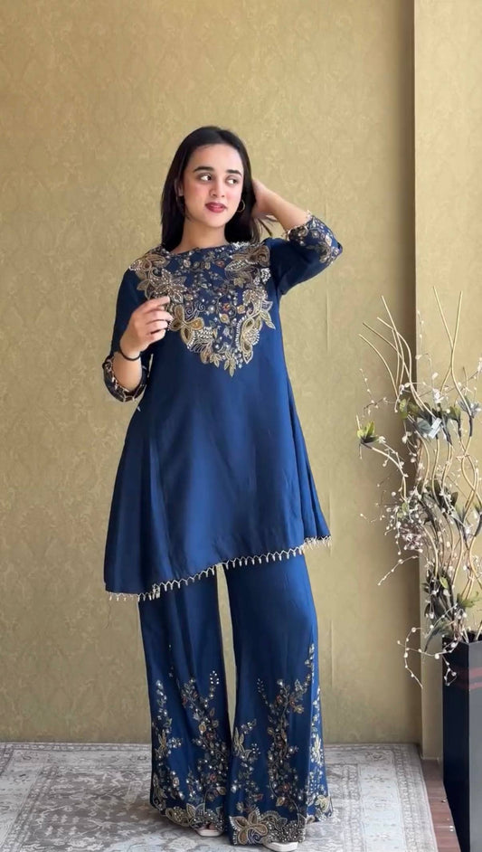 Royal Blue Heavy Zardozi & Hand-Embroidered Peplum Kurti with Matching Palazzos