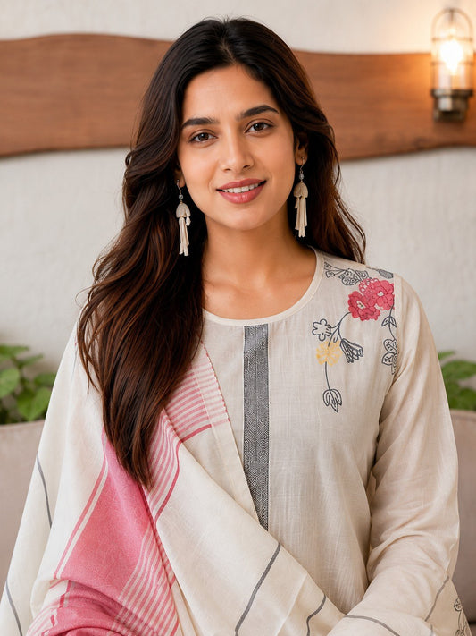 Designer Festive Wear Ethnic Kurta Set with Pink & Yellow Floral Motifs