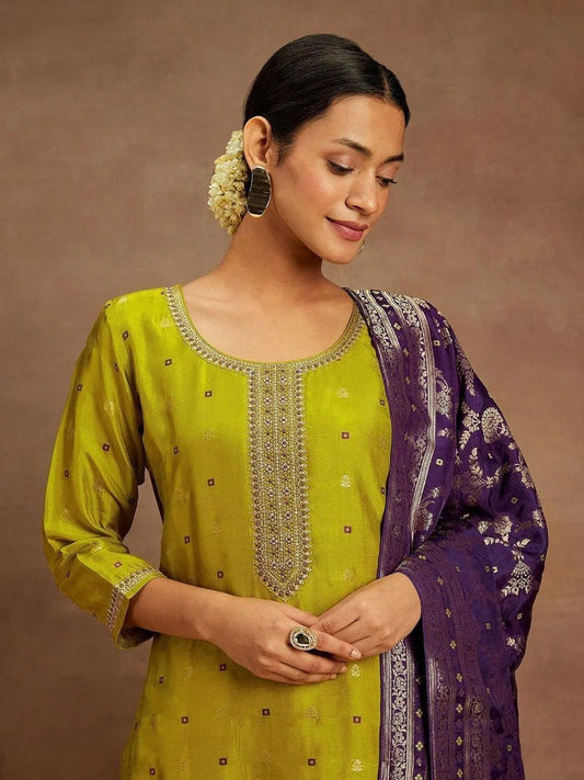 Olive Green Straight Kurta Set with Contrasting Purple Banarasi Woven Dupatta