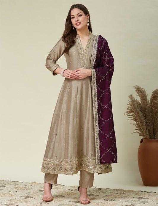 Designer Festive Wear Ethnic Flared Kurta Set with Intricate Zari Yoke & Hem Work