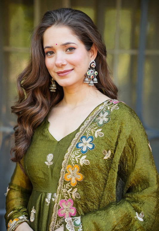 Olive Green Heavy Floral Embroidered Anarkali Suit with Matching Sharara & Multicolored Flower Dupatta