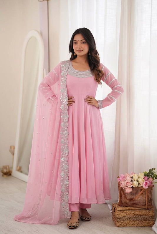 Festive Wear Flared Ethnic Gown Set with Intricate Zari Work & Scalloped Border