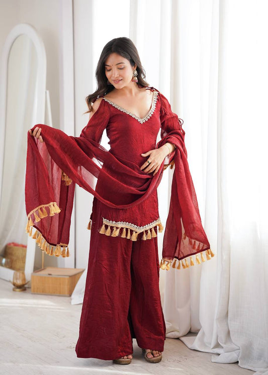 Premium V-Neck Silk Blend Sharara Suit Set with Golden Tassels