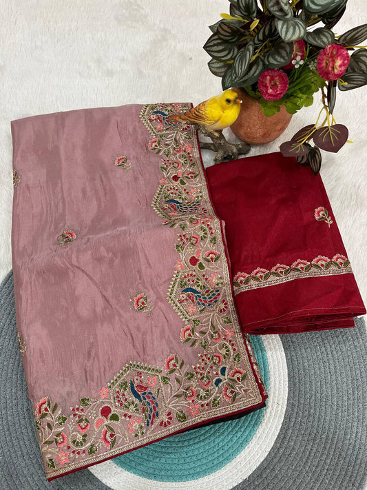 Designer Fancy Silk Saree with Heavy Peacock & Floral Border Embroidery and Blouse Piece