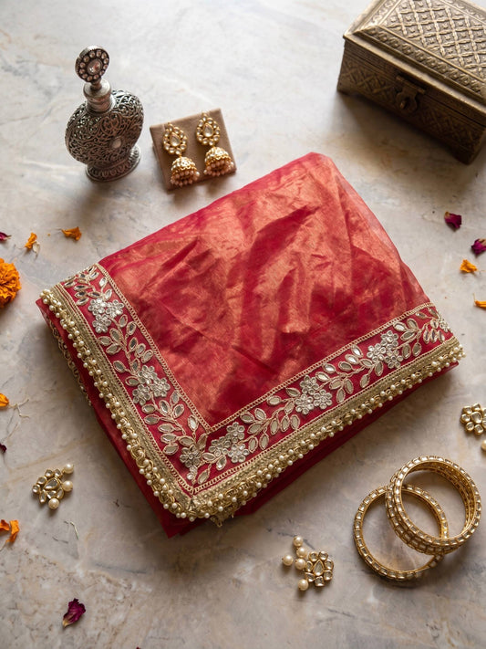 Designer Fancy Organza Saree with Heavy Zari, Mirror and Pearl Lace Border Work with Blouse Piece
