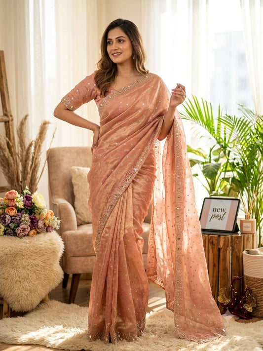 Designer Fancy Organza Saree with Heavy Mirror Work & Sequence Embroidery with Matching Blouse Piece
