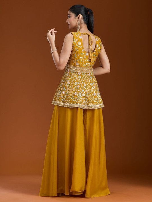 Designer Peplum Kurti with Flared Palazzo and Dupatta Set Featuring Heavy Thread & Zari Embroidery