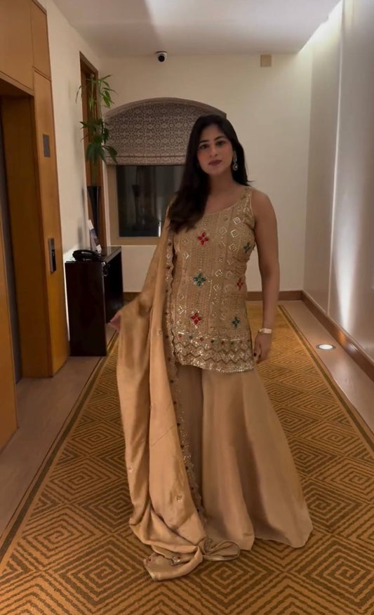Designer Short Kurti with Flared Sharara and Dupatta Set Featuring Heavy Mirror & Stone Embroidery Work