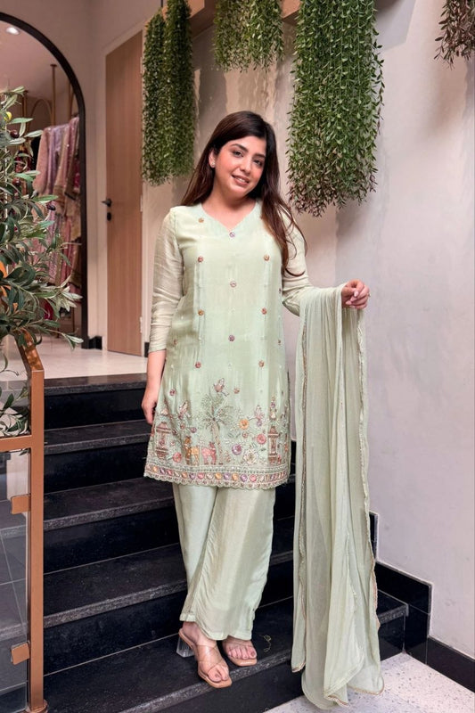 Designer Short Kurti with Sharara Pants and Dupatta Set Featuring Hand Embroidery & Scenic Motifs