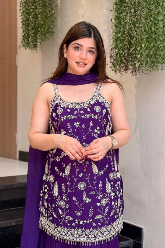 Royal Purple Sleeveless Kurti with Flared Sharara and Dupatta Set Featuring Silver Zari & Thread Embroidery
