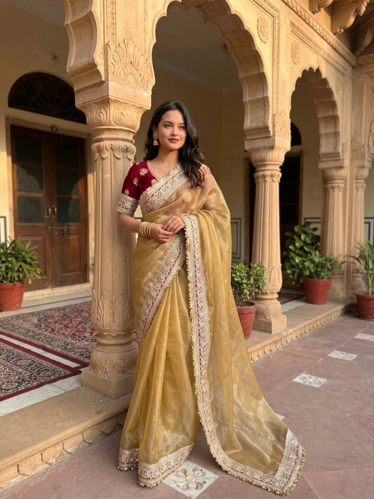 Designer Heavy Embroidered Zari Border Organza Saree with Contrasting UnStitched Blouse