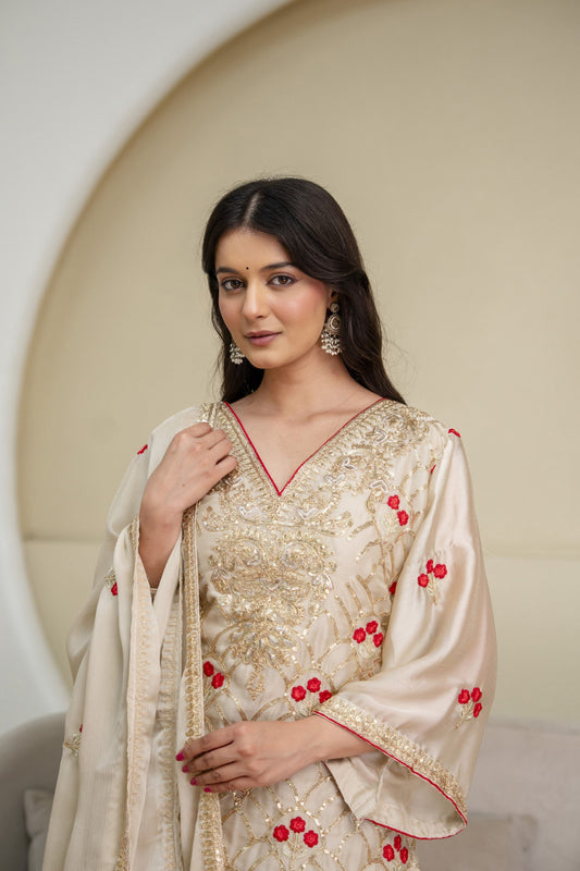 Premium Ivory Floral Embroidered Designer Suit Set
