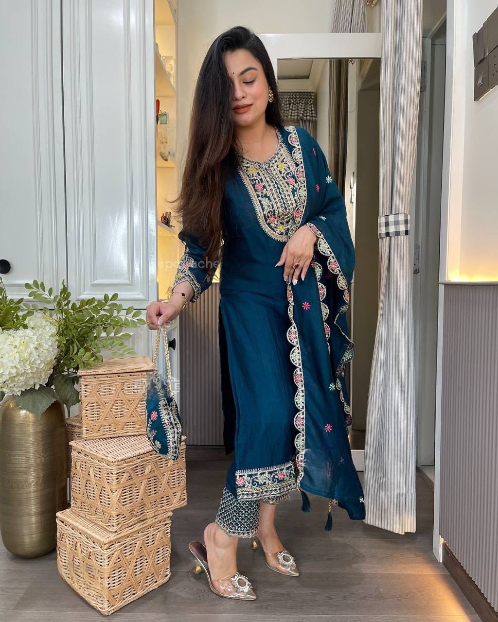Premium Pure Chinon Silk Long Pakistani Suit & Pant Set with Sequence Embroidery