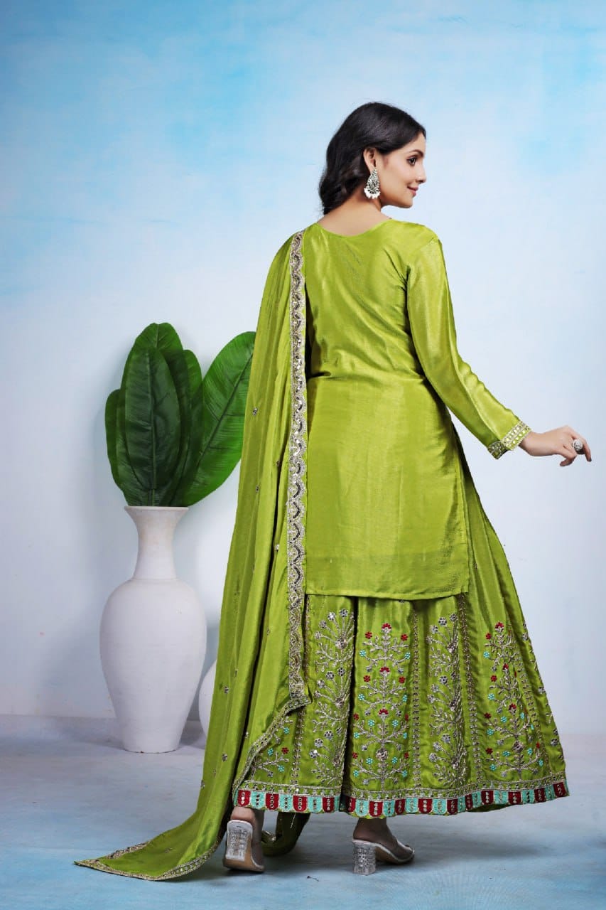 Premium Chinon Coding Sequence Sharara Suit Set with Huge Flair | 2 Elegant Colors (Sizes S-XXL)